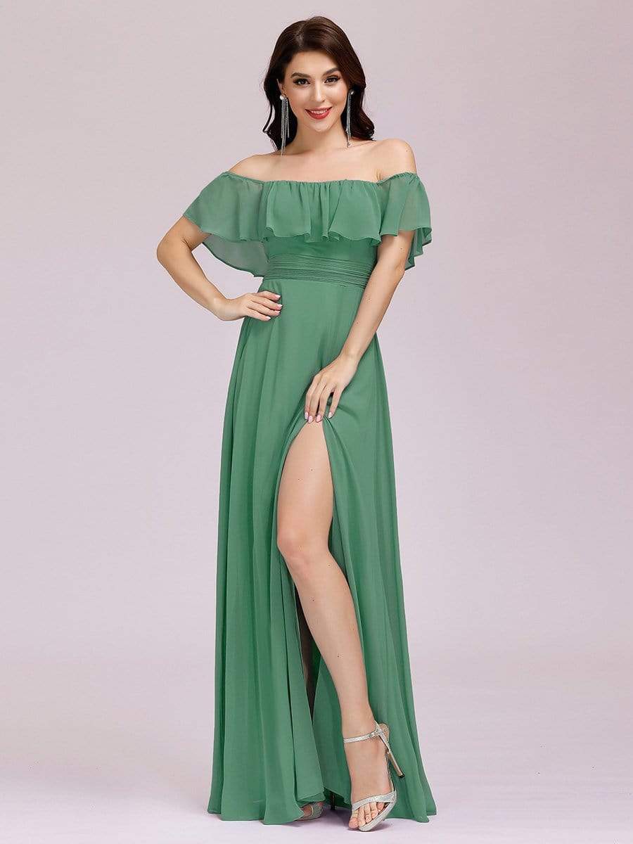 Women's Off-The-Shoulder Ruffle Thigh Split Bridesmaid Dresses #color_Green Bean