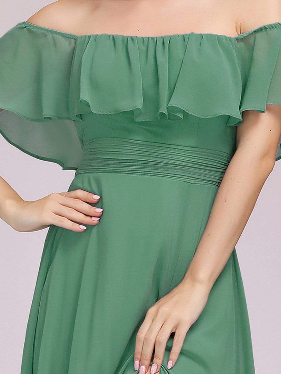 Women's Off-The-Shoulder Ruffle Thigh Split Bridesmaid Dresses #color_Green Bean