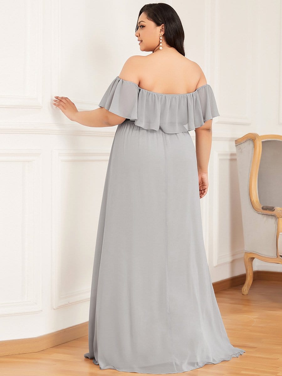 Women's Off-The-Shoulder Ruffle Thigh Split Bridesmaid Dresses #color_Grey
