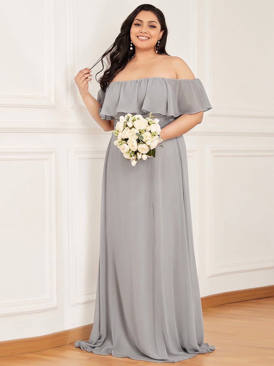 Women's Off-The-Shoulder Ruffle Thigh Split Bridesmaid Dresses #color_Grey