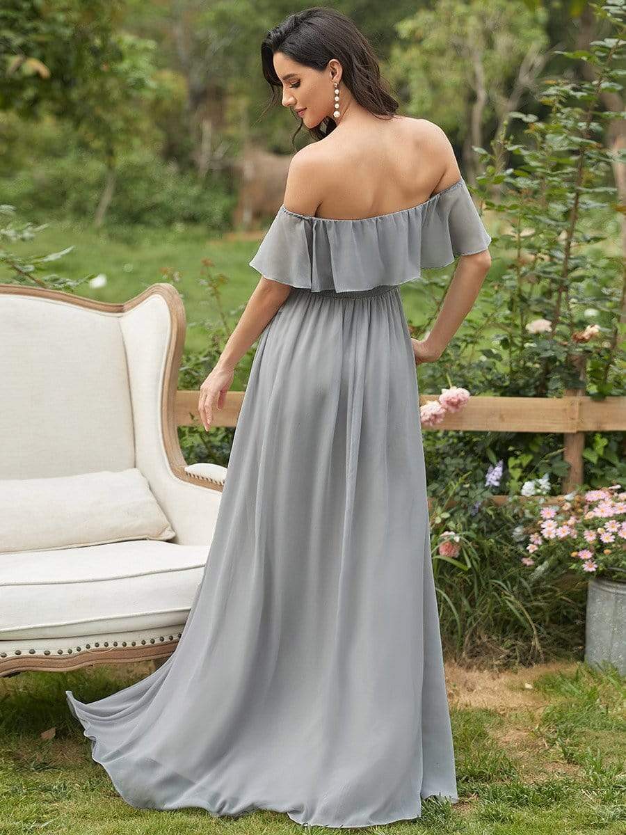 Women's Off-The-Shoulder Ruffle Thigh Split Bridesmaid Dresses #color_Grey