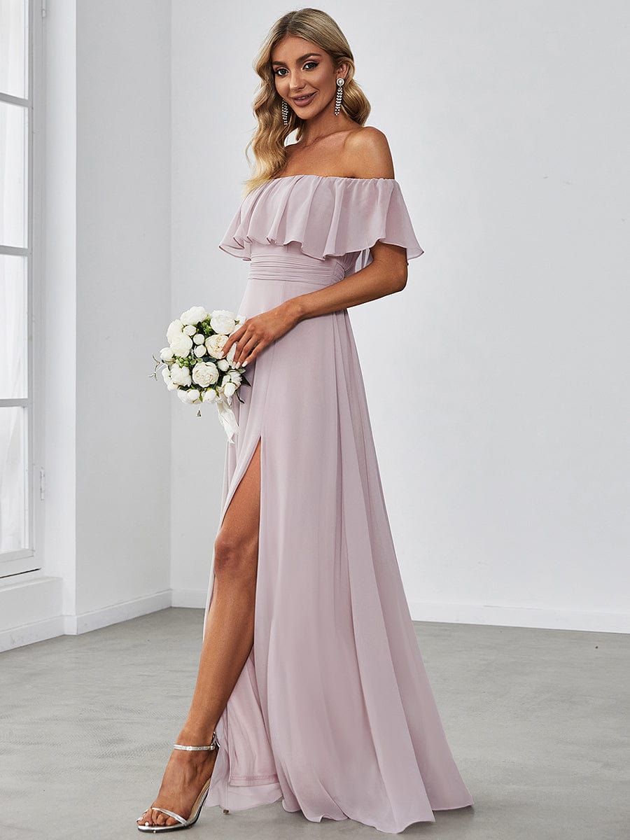 Women's Off-The-Shoulder Ruffle Thigh Split Bridesmaid Dresses #color_Lilac