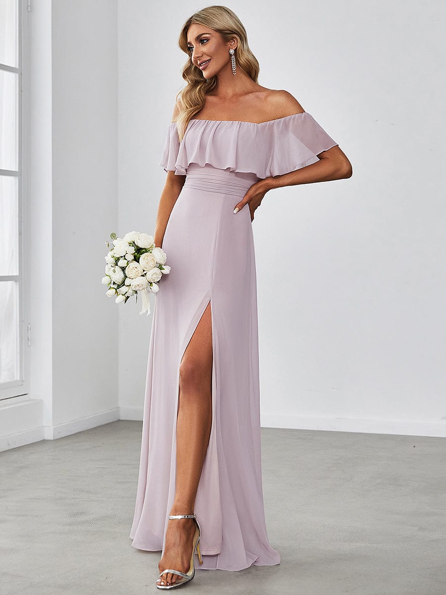 Women's Off-The-Shoulder Ruffle Thigh Split Bridesmaid Dresses #color_Lilac