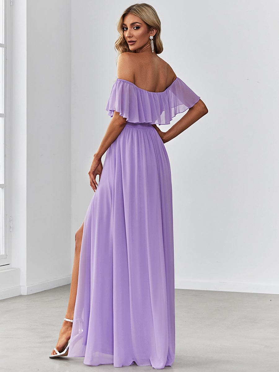 Women's Off-The-Shoulder Ruffle Thigh Split Bridesmaid Dresses #color_Lavender