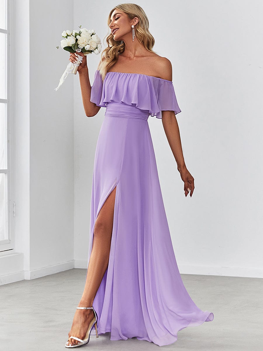 Women's Off-The-Shoulder Ruffle Thigh Split Bridesmaid Dresses #color_Lavender