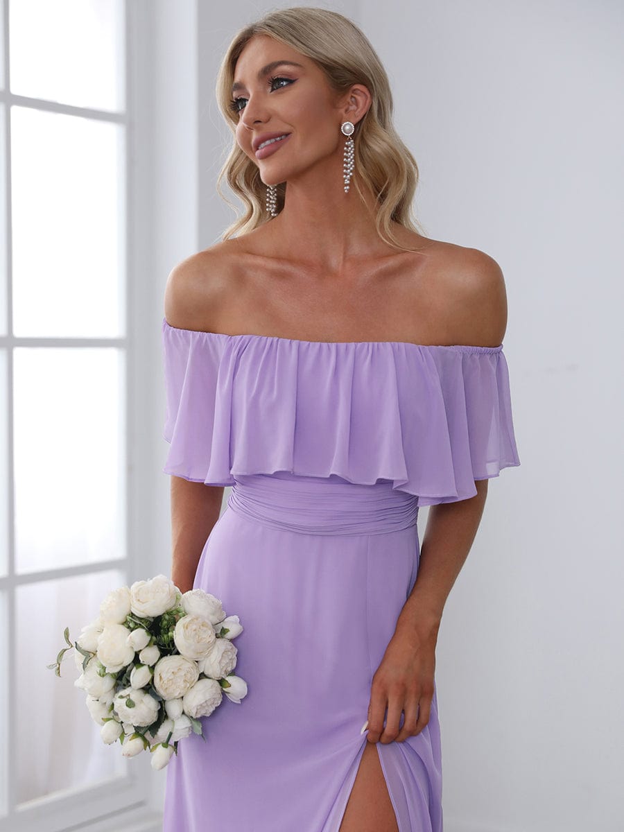 Women's Off-The-Shoulder Ruffle Thigh Split Bridesmaid Dresses #color_Lavender