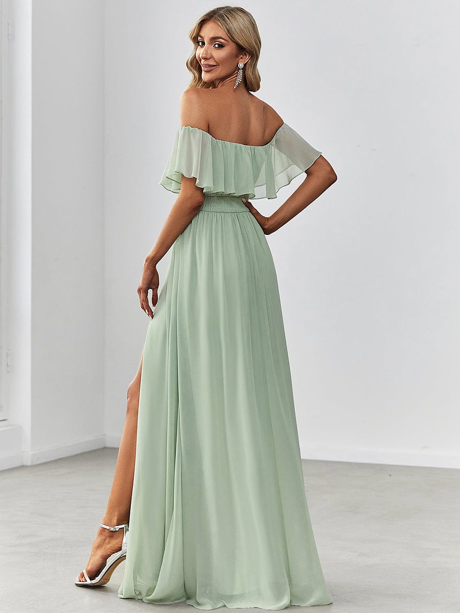 Women's Off-The-Shoulder Ruffle Thigh Split Bridesmaid Dresses #color_Mint Green