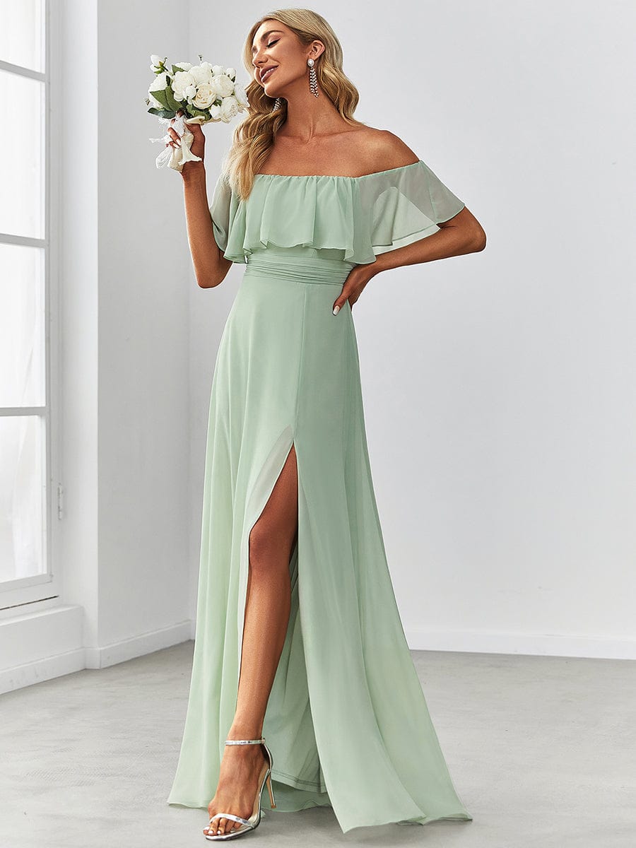 Women's Off-The-Shoulder Ruffle Thigh Split Bridesmaid Dresses #color_Mint Green