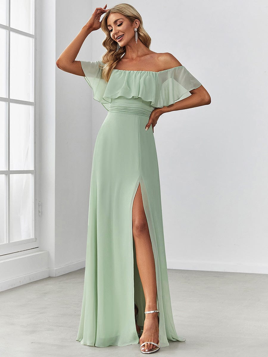 Women's Off-The-Shoulder Ruffle Thigh Split Bridesmaid Dresses #color_Mint Green