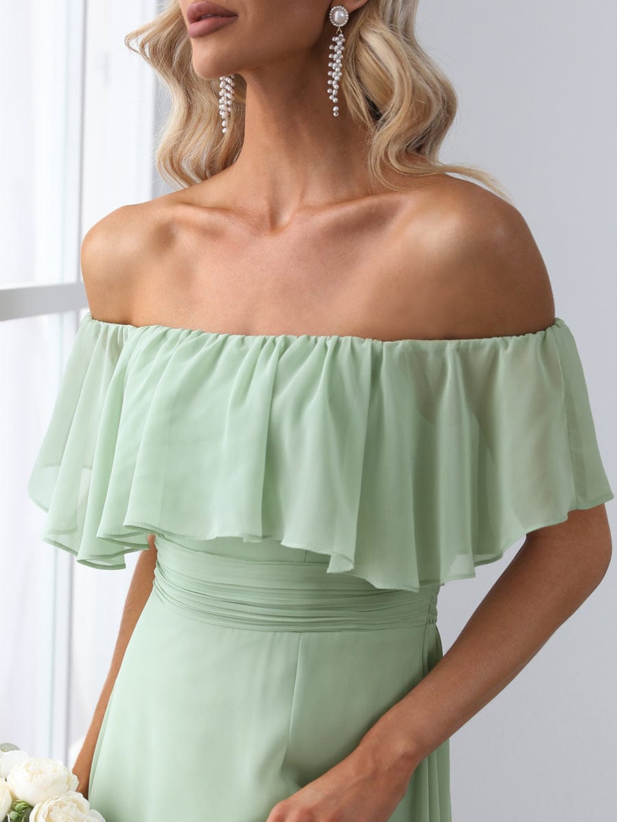 Women's Off-The-Shoulder Ruffle Thigh Split Bridesmaid Dresses #color_Mint Green