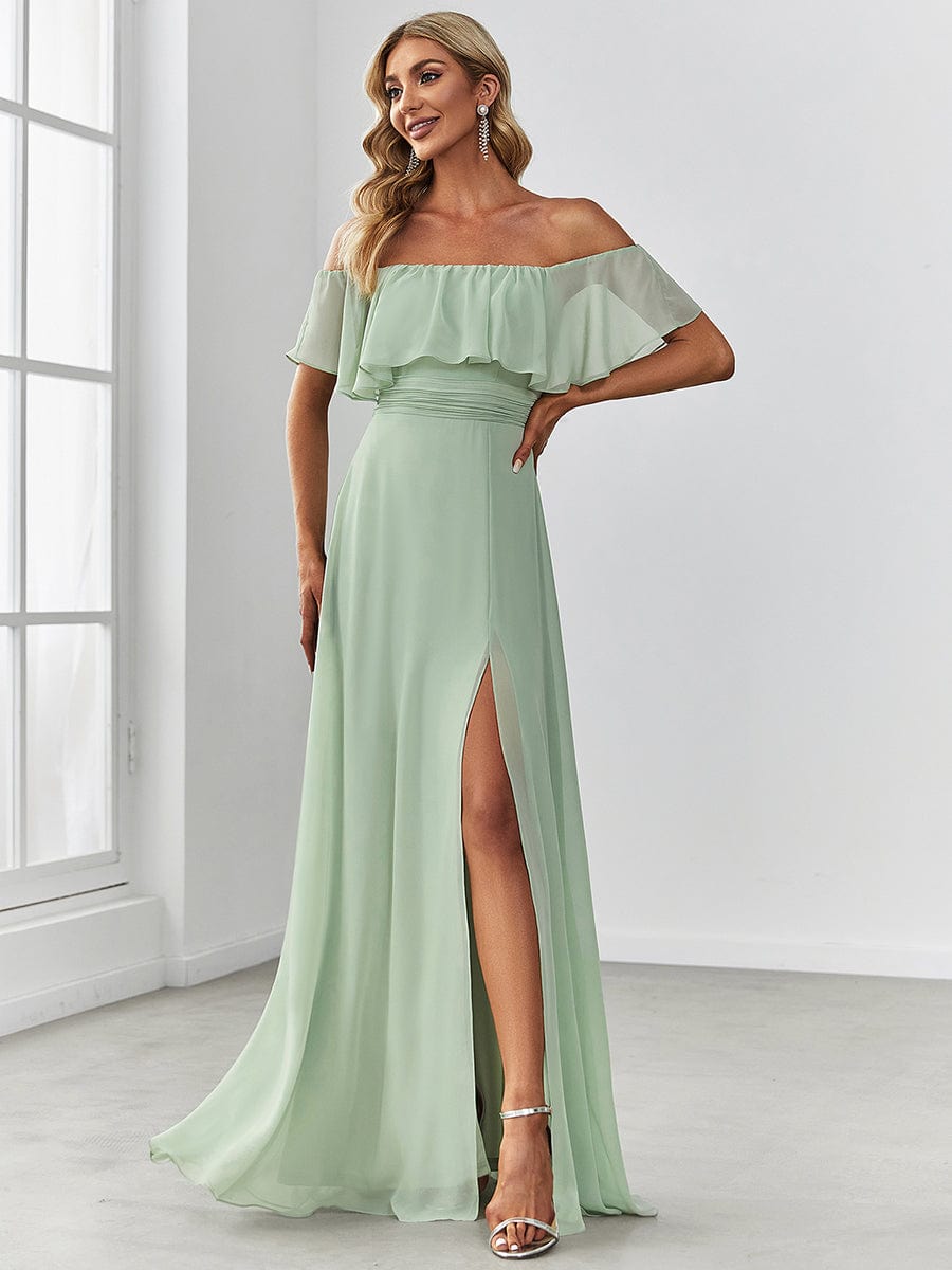 Women's Off-The-Shoulder Ruffle Thigh Split Bridesmaid Dresses #color_Mint Green