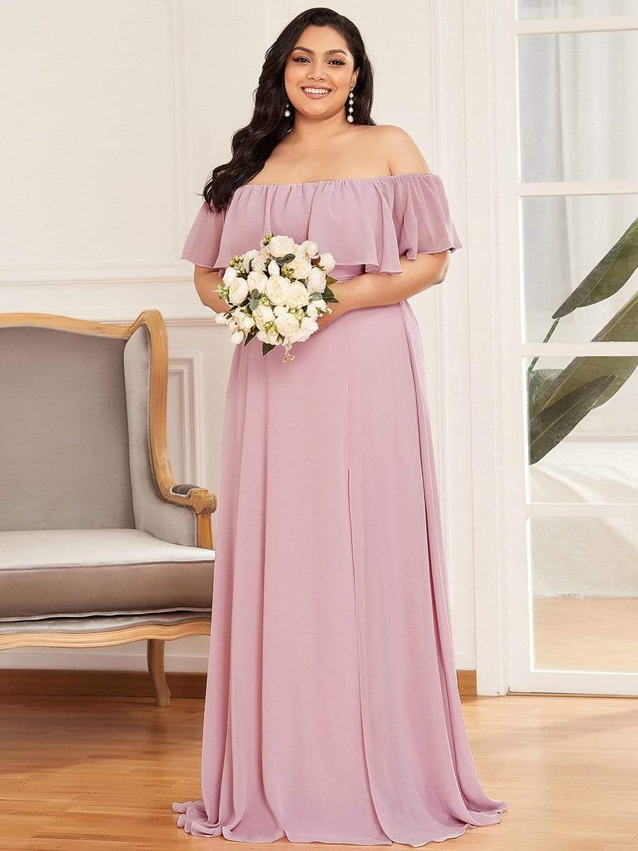 Women's Off-The-Shoulder Ruffle Thigh Split Bridesmaid Dresses #color_Mauve