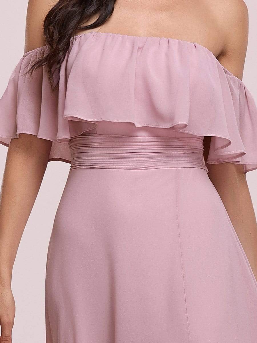 Women's Off-The-Shoulder Ruffle Thigh Split Bridesmaid Dresses #color_Mauve