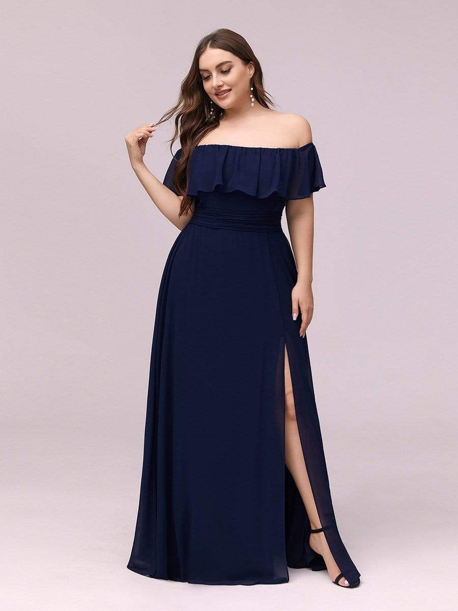 Women's Off-The-Shoulder Ruffle Thigh Split Bridesmaid Dresses #color_Navy Blue