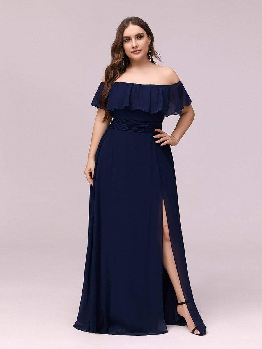 Women's Off-The-Shoulder Ruffle Thigh Split Bridesmaid Dresses #color_Navy Blue