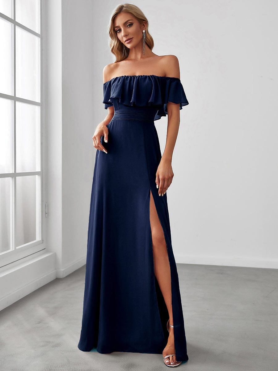 Women's Off-The-Shoulder Ruffle Thigh Split Bridesmaid Dresses #color_Navy Blue