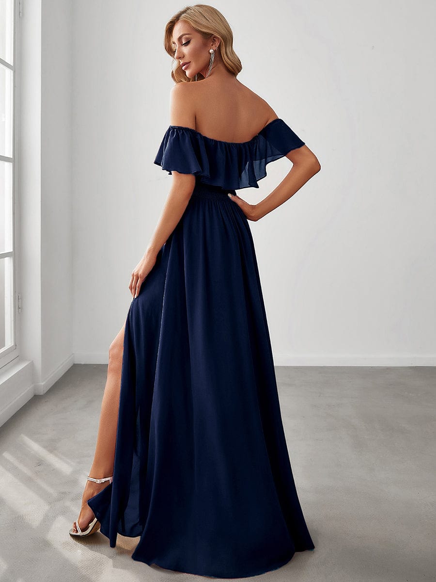 Women's Off-The-Shoulder Ruffle Thigh Split Bridesmaid Dresses #color_Navy Blue