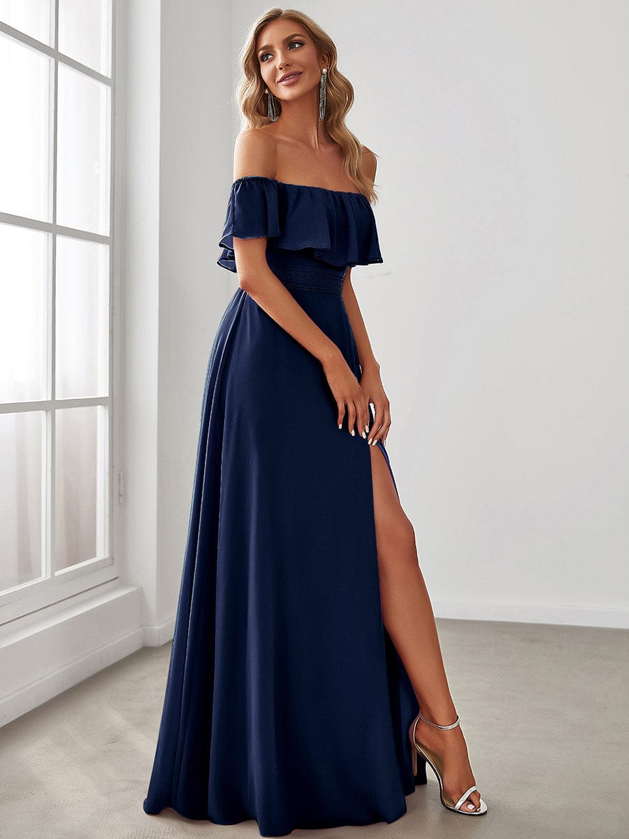 Women's Off-The-Shoulder Ruffle Thigh Split Bridesmaid Dresses #color_Navy Blue