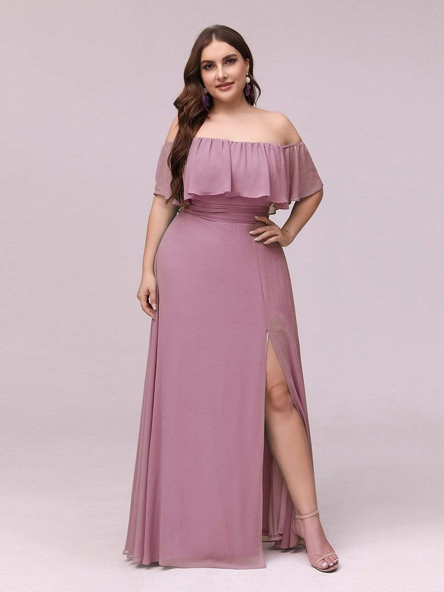 Women's Off-The-Shoulder Ruffle Thigh Split Bridesmaid Dresses #color_Purple Orchid