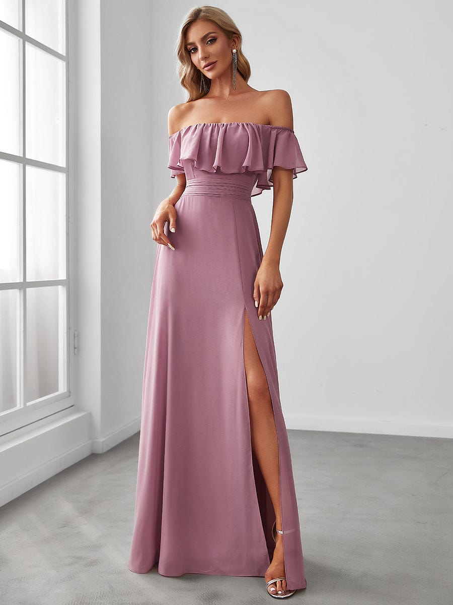 Women's Off-The-Shoulder Ruffle Thigh Split Bridesmaid Dresses #color_Purple Orchid