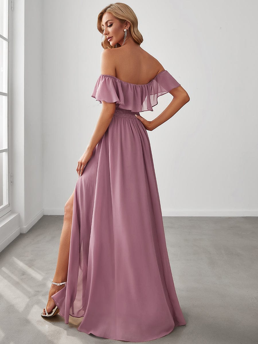 Women's Off-The-Shoulder Ruffle Thigh Split Bridesmaid Dresses #color_Purple Orchid