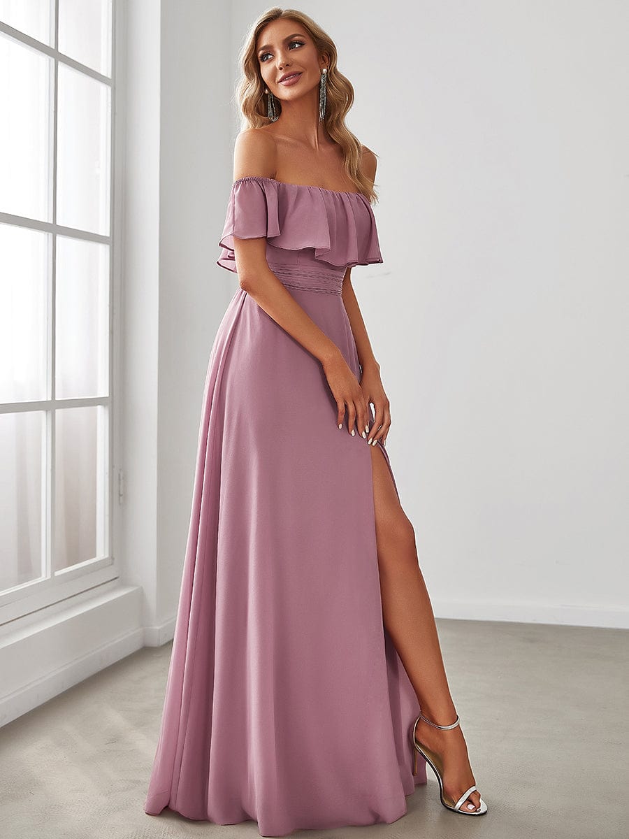 Women's Off-The-Shoulder Ruffle Thigh Split Bridesmaid Dresses #color_Purple Orchid