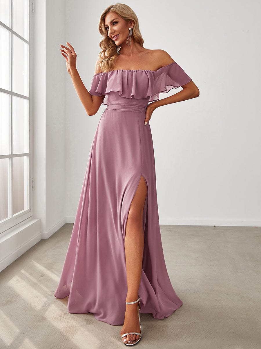 Women's Off-The-Shoulder Ruffle Thigh Split Bridesmaid Dresses #color_Purple Orchid