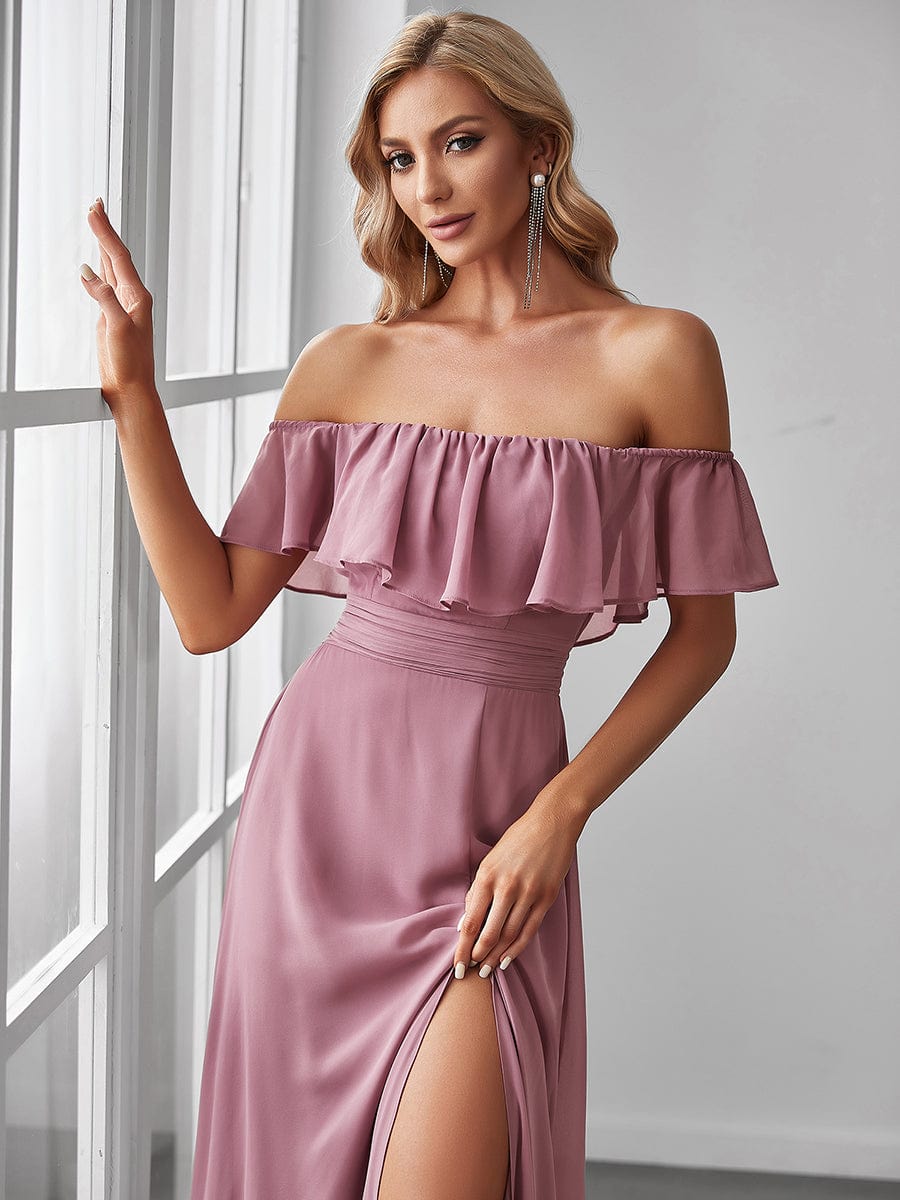 Women's Off-The-Shoulder Ruffle Thigh Split Bridesmaid Dresses #color_Purple Orchid