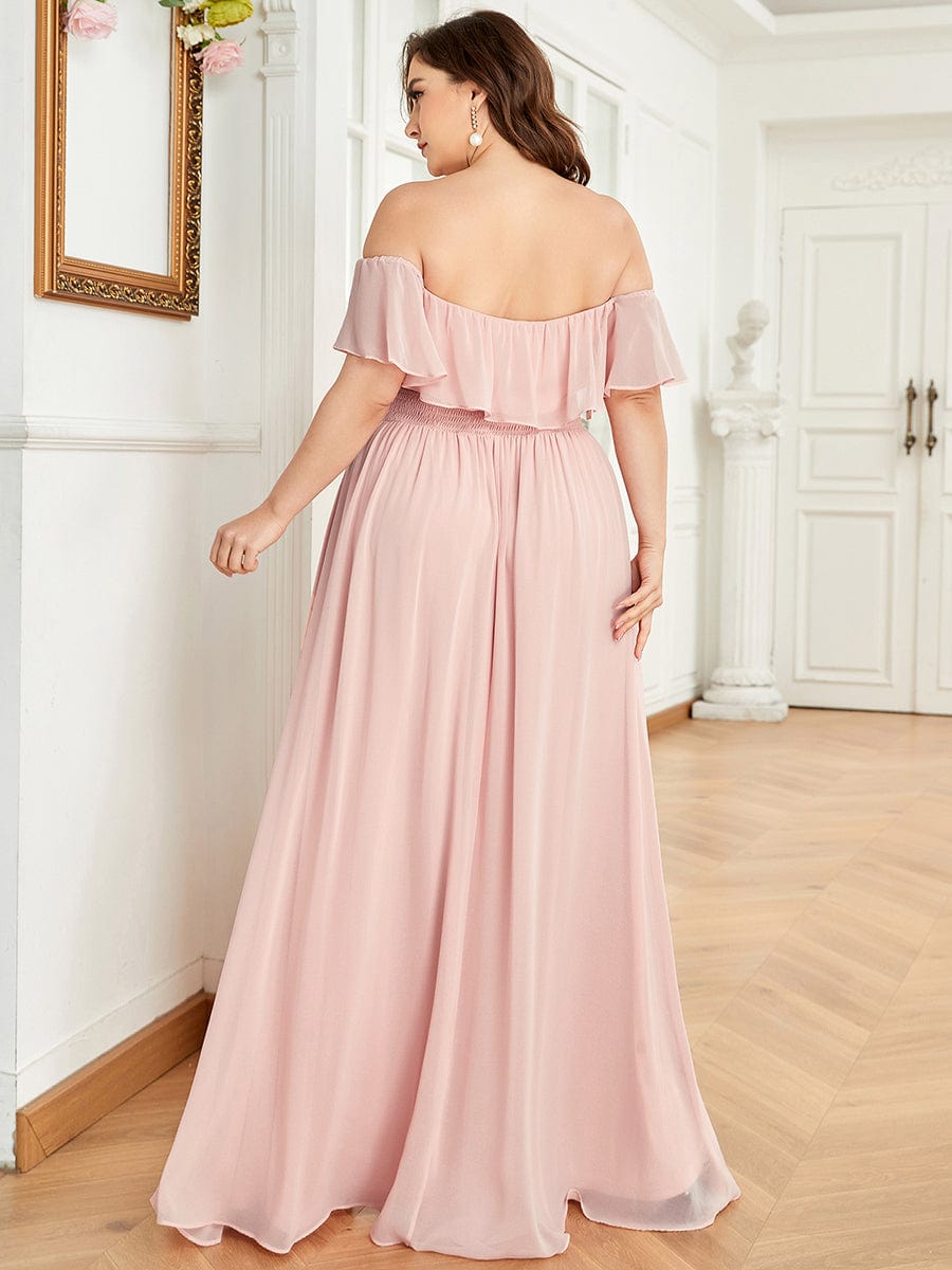 Women's Off-The-Shoulder Ruffle Thigh Split Bridesmaid Dresses #color_Pink