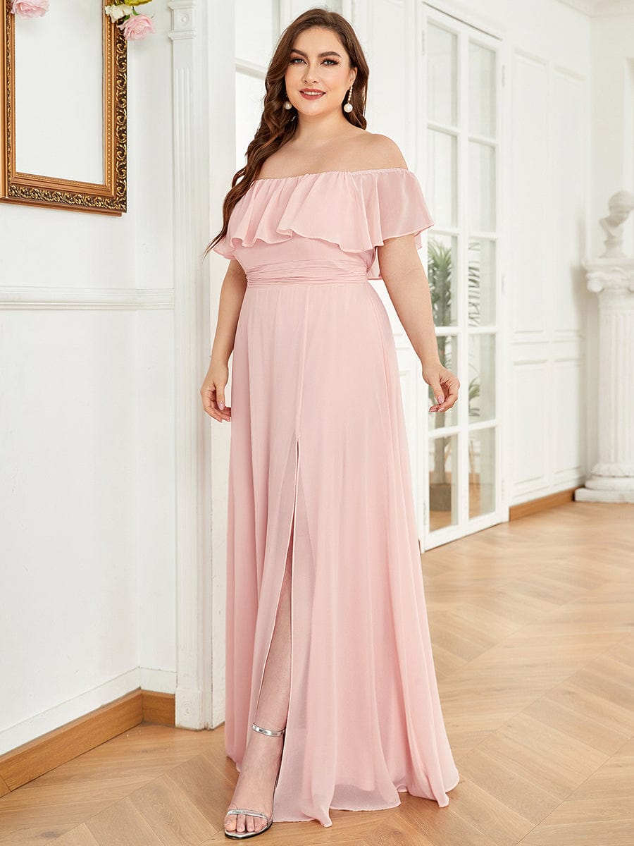 Women's Off-The-Shoulder Ruffle Thigh Split Bridesmaid Dresses #color_Pink