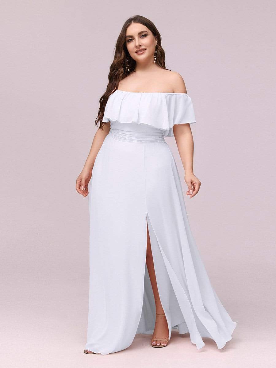 Women's Off-The-Shoulder Ruffle Thigh Split Bridesmaid Dresses #color_White