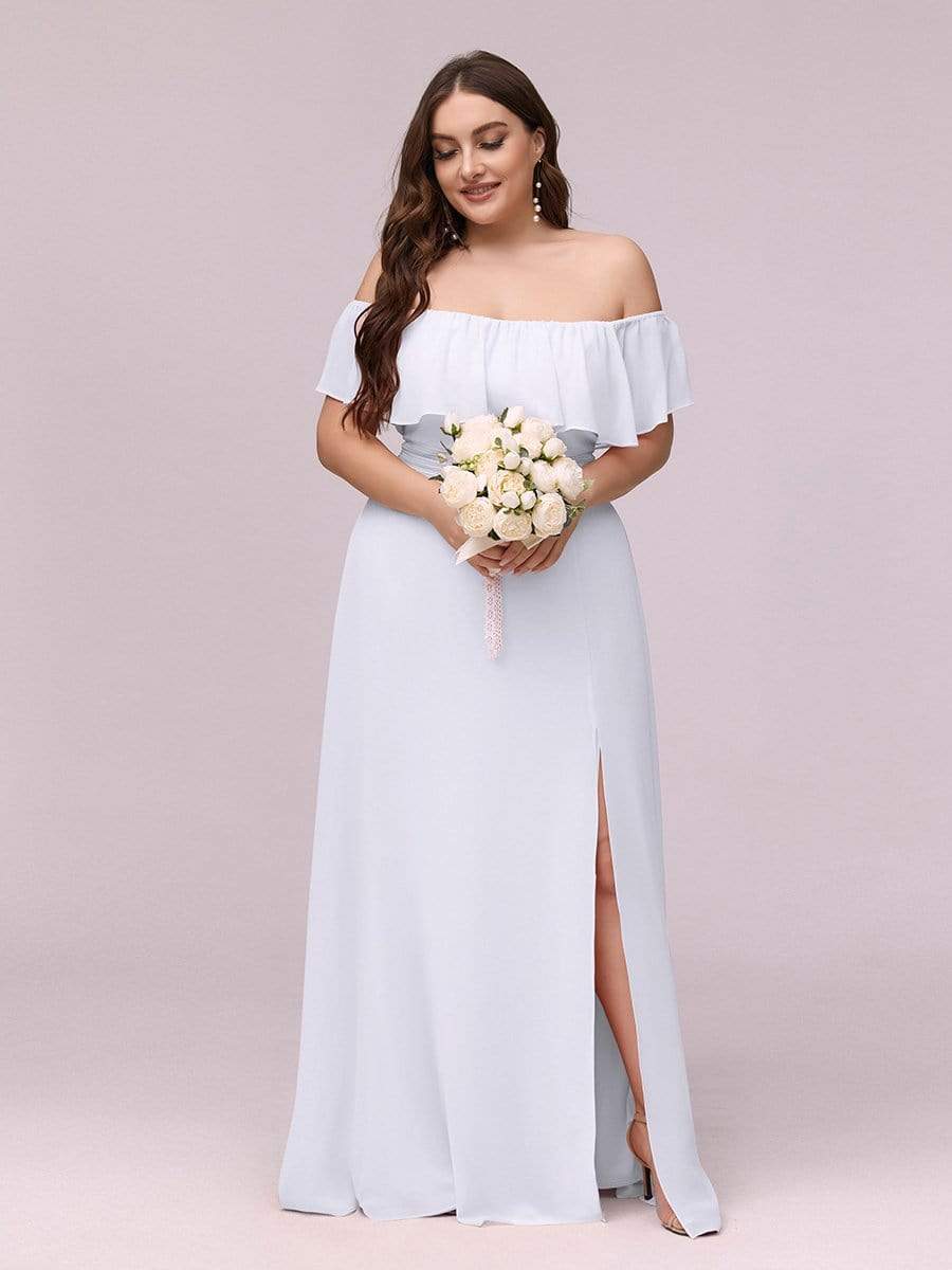 Women's Off-The-Shoulder Ruffle Thigh Split Bridesmaid Dresses #color_White