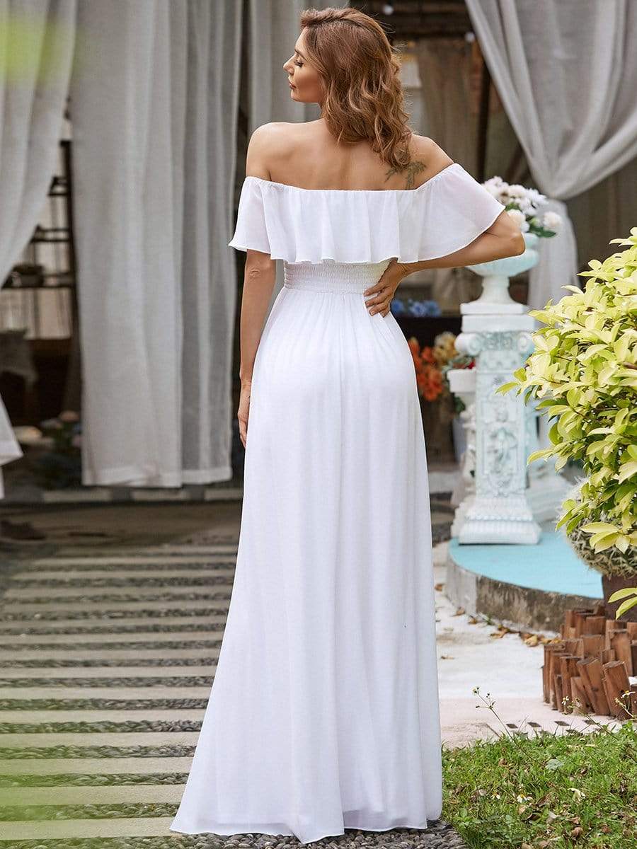 Women's Off-The-Shoulder Ruffle Thigh Split Bridesmaid Dresses #color_White