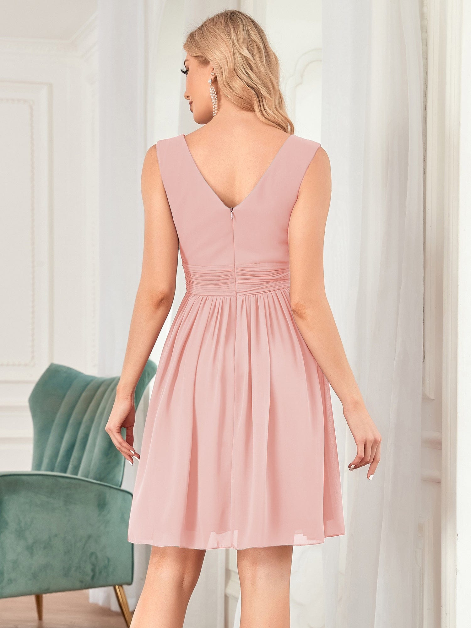 Knee-Length Chiffon Bridesmaid Dresses for Women with V-Neck #color_Pink