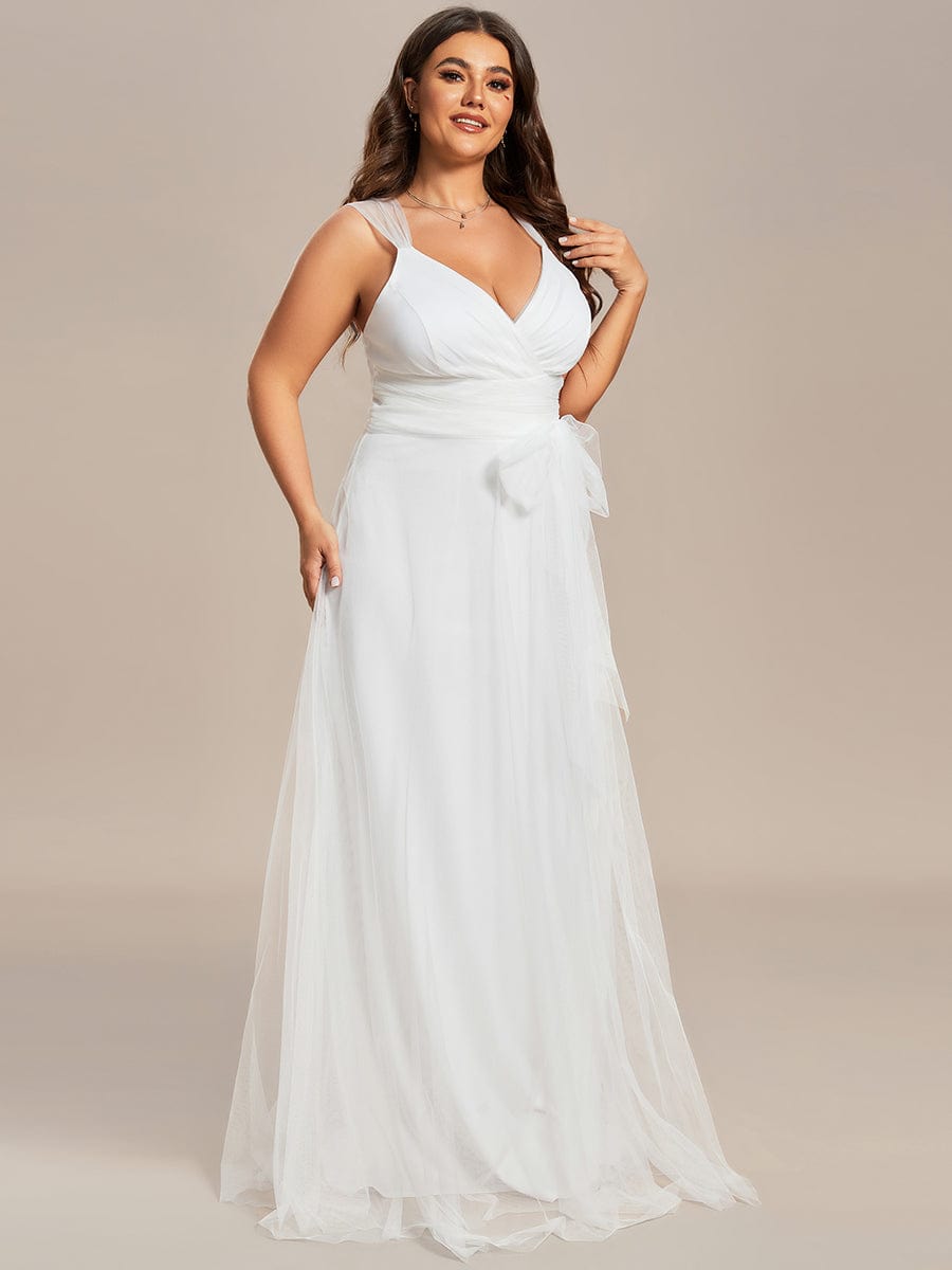 Plus Size Maxi Long Double V Neck Tulle Bridesmaid Dresses #color_Cream