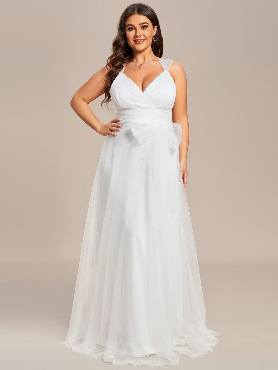 Plus Size Maxi Long Double V Neck Tulle Bridesmaid Dresses #color_Cream