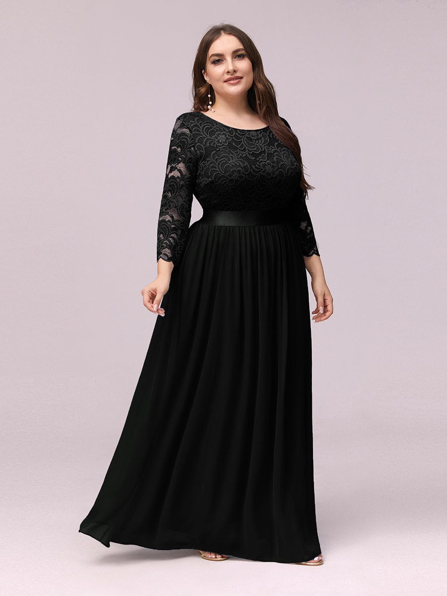 Elegant Round Neck A Line See-Through Lace Dress in Black #color_Black