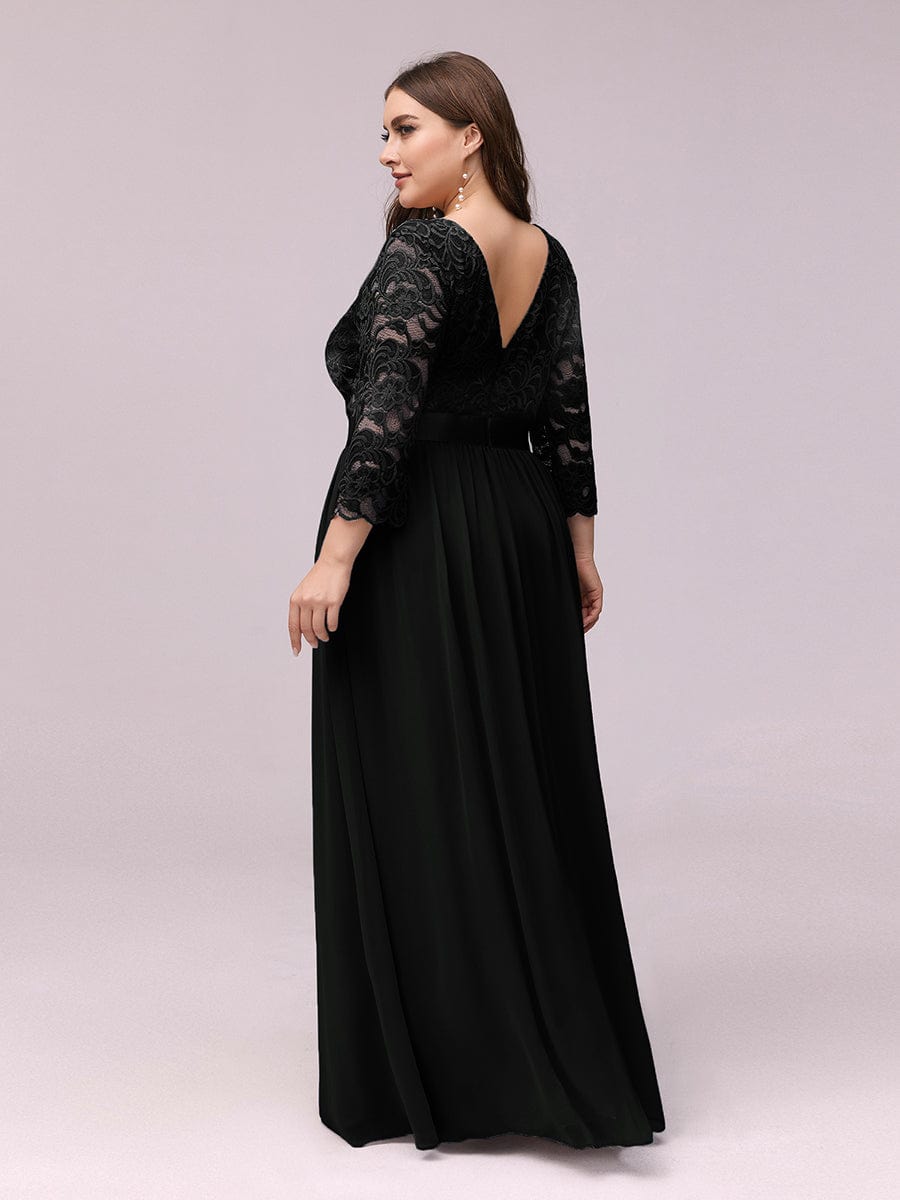 Elegant Round Neck A Line See-Through Lace Dress in Black #color_Black