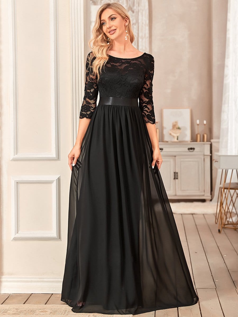 Elegant Round Neck A Line See-Through Lace Dress in Black #color_Black