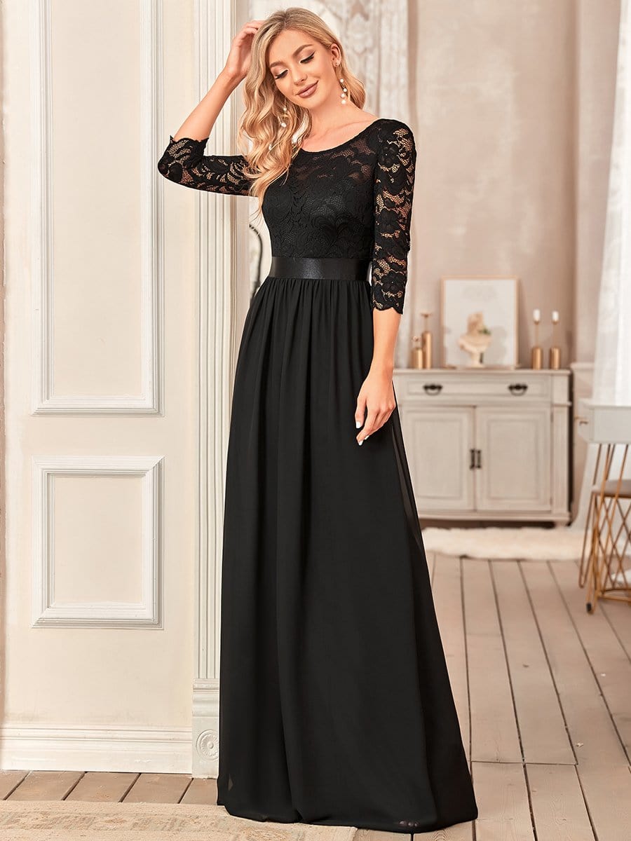 Elegant Round Neck A Line See-Through Lace Dress in Black #color_Black