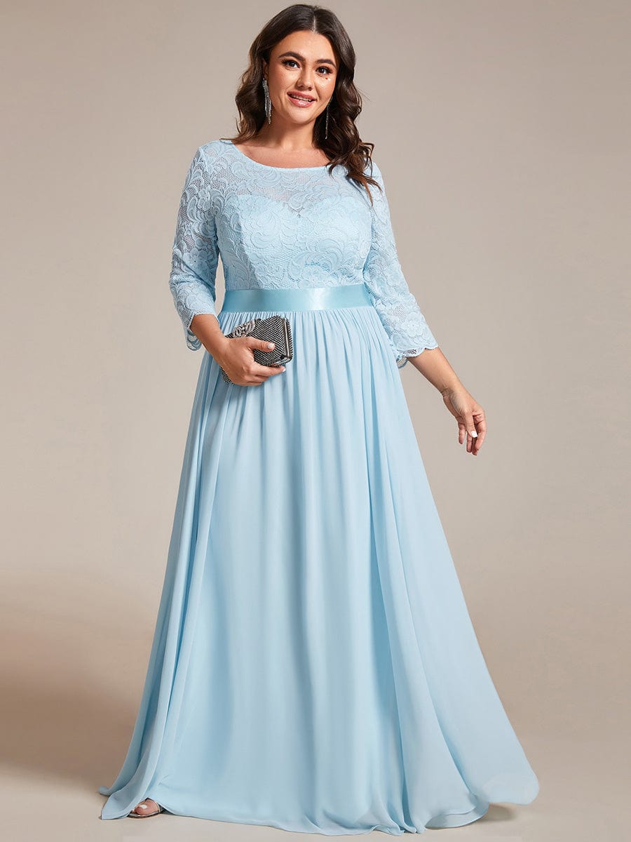 Elegant Round Neck A Line See-Through Lace Evening Dress #color_Sky Blue