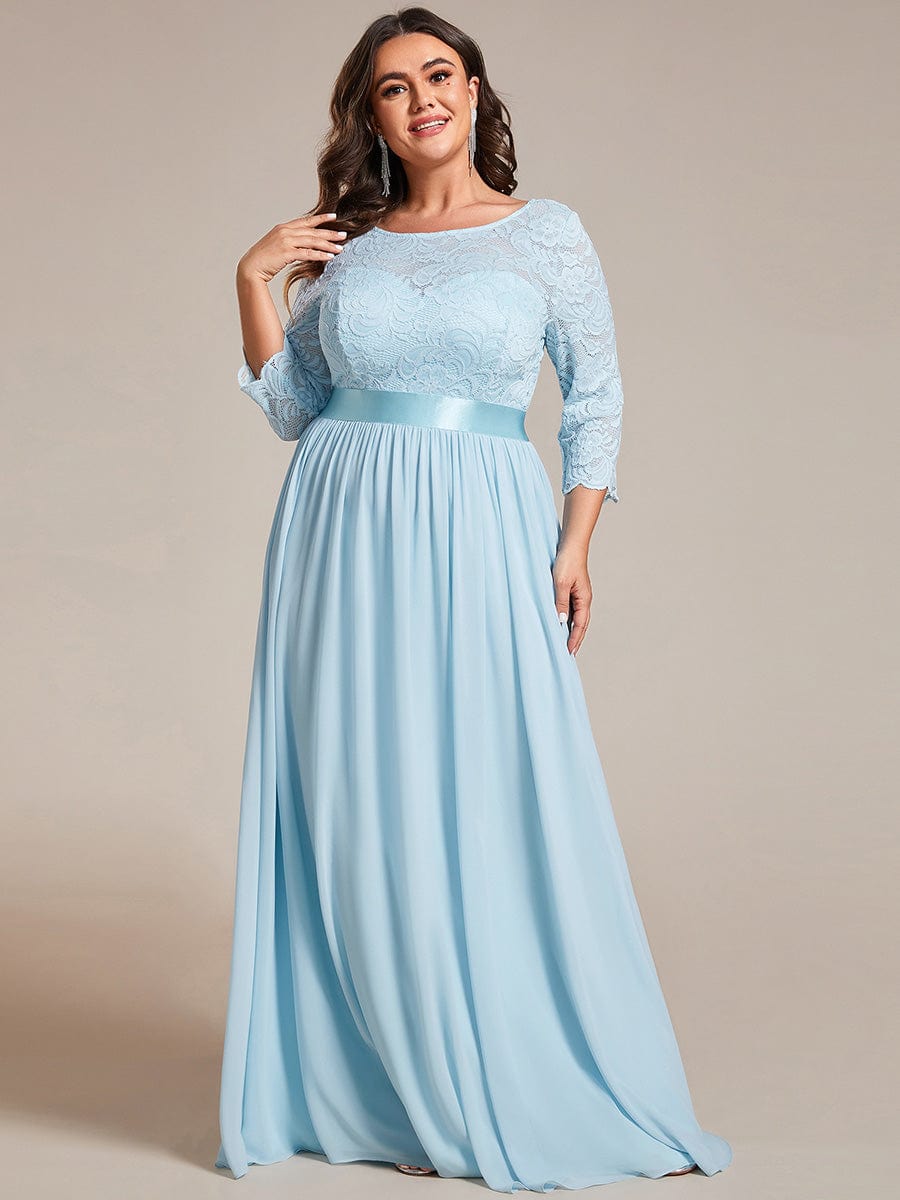 Elegant Round Neck A Line See-Through Lace Evening Dress #color_Sky Blue