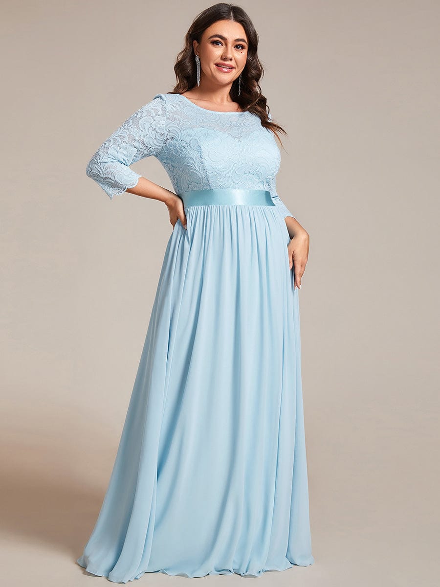 Elegant Round Neck A Line See-Through Lace Evening Dress #color_Sky Blue