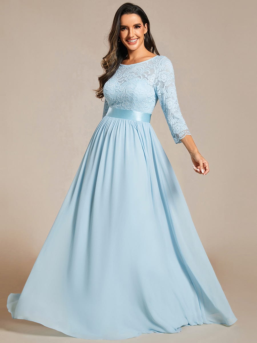 Elegant Round Neck A Line See-Through Lace Evening Dress #color_Sky Blue