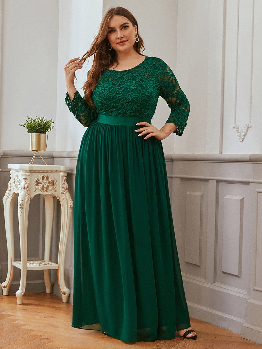 Elegant Round Neck A Line See-Through Lace Evening Dress #color_Dark Green