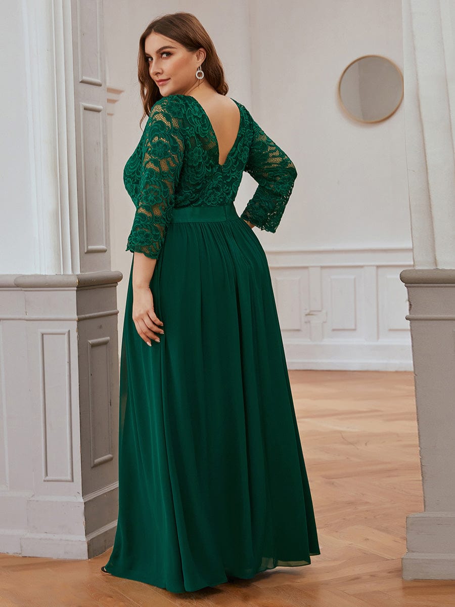 Elegant Round Neck A Line See-Through Lace Evening Dress #color_Dark Green