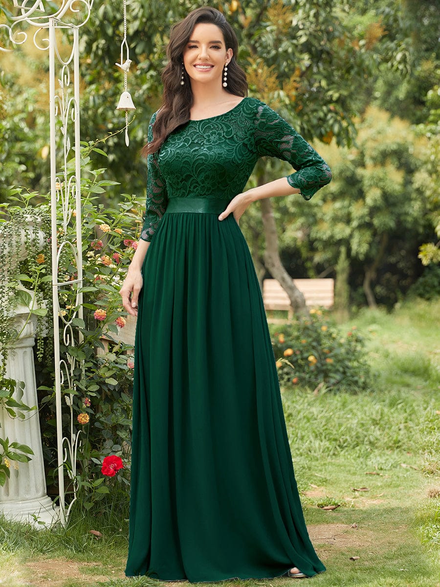 Elegant Round Neck A Line See-Through Lace Evening Dress #color_Dark Green