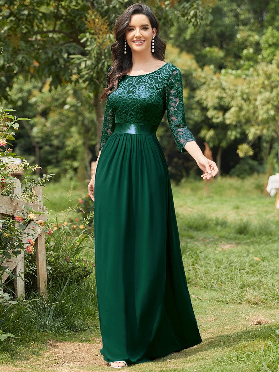 Elegant Round Neck A Line See-Through Lace Evening Dress #color_Dark Green