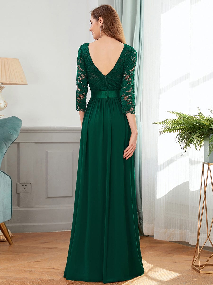 Elegant Round Neck A Line See-Through Lace Evening Dress #color_Dark Green