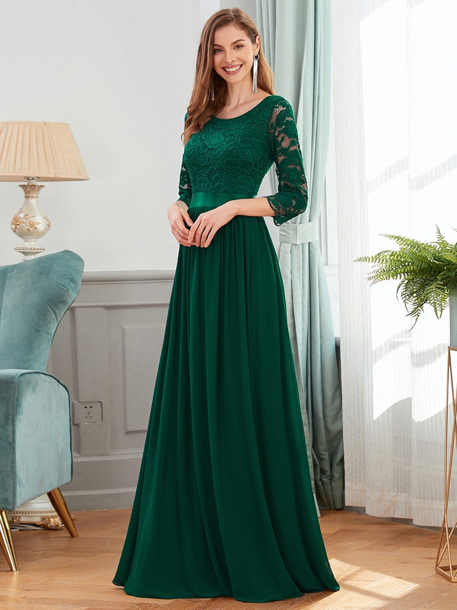 Elegant Round Neck A Line See-Through Lace Evening Dress #color_Dark Green